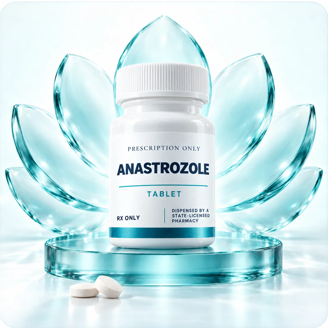White Rx-only anastrozole tablet bottle, labeled as dispensed by a state-licensed pharmacy, on a teal glass pedestal with two tablets.