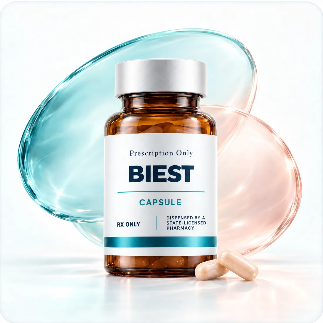 Amber Rx-only Biest capsule bottle, labeled as dispensed by a state-licensed pharmacy, with peach capsules before aqua and blush glass ovals.