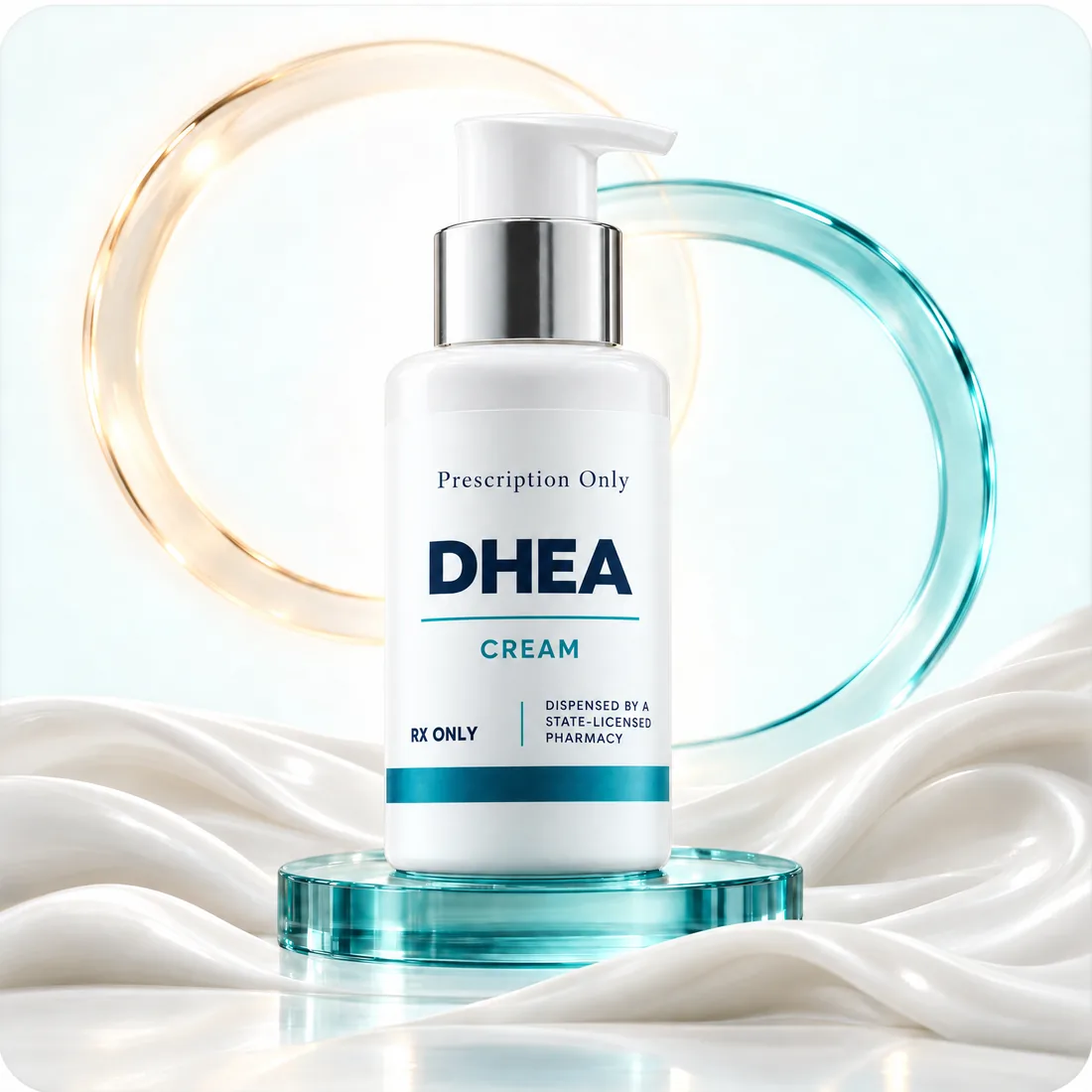 Rx-only DHEA cream pump bottle, labeled as dispensed by a state-licensed pharmacy, on a teal glass plinth with amber and teal halo rings.