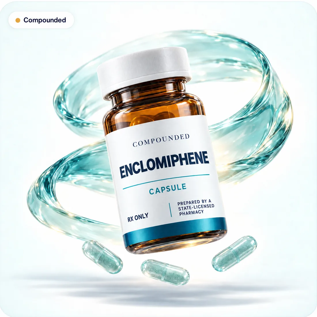 Amber Rx-only compounded enclomiphene capsule bottle, labeled as prepared by a state-licensed pharmacy, with pale-teal capsules and a teal glass spiral.