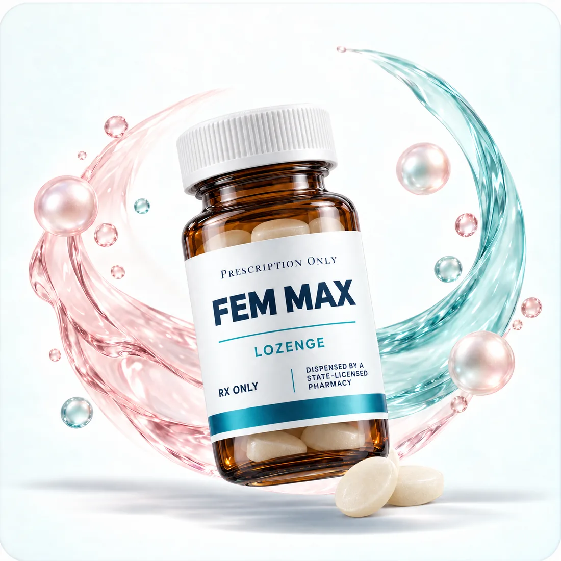 Amber Rx-only Fem Max lozenge bottle, labeled as dispensed by a state-licensed pharmacy, with ivory lozenges in a blush and teal liquid swirl.