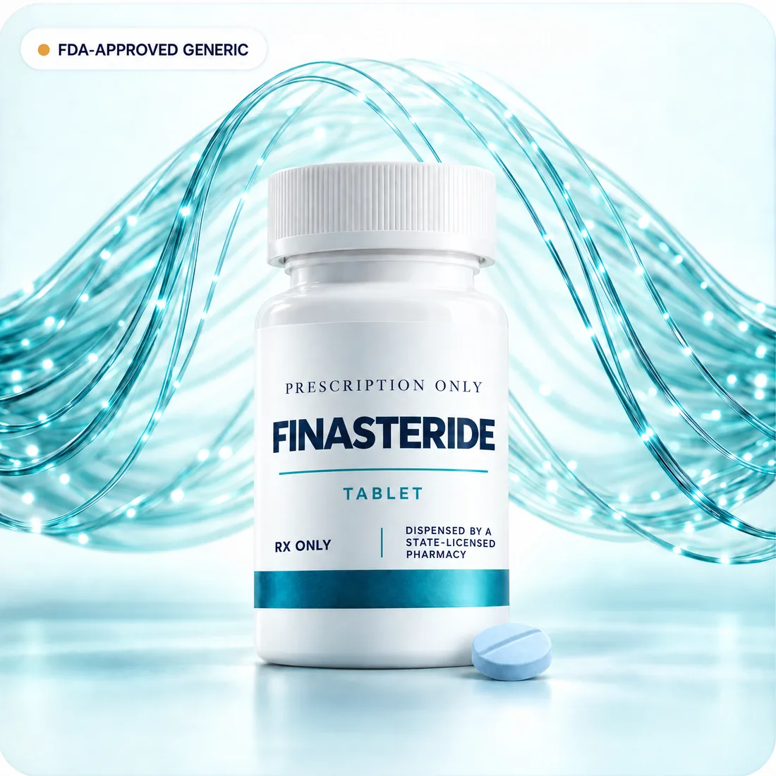 White Rx-only finasteride tablet bottle, labeled as dispensed by a state-licensed pharmacy, with a blue tablet and fine teal light filaments.