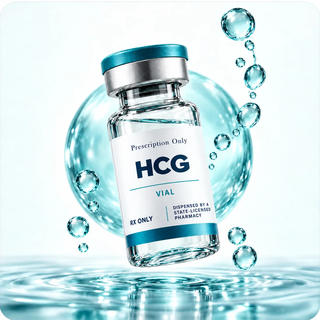 Clear Rx-only HCG vial, labeled as dispensed by a state-licensed pharmacy, floating above a teal water surface with glass droplets.