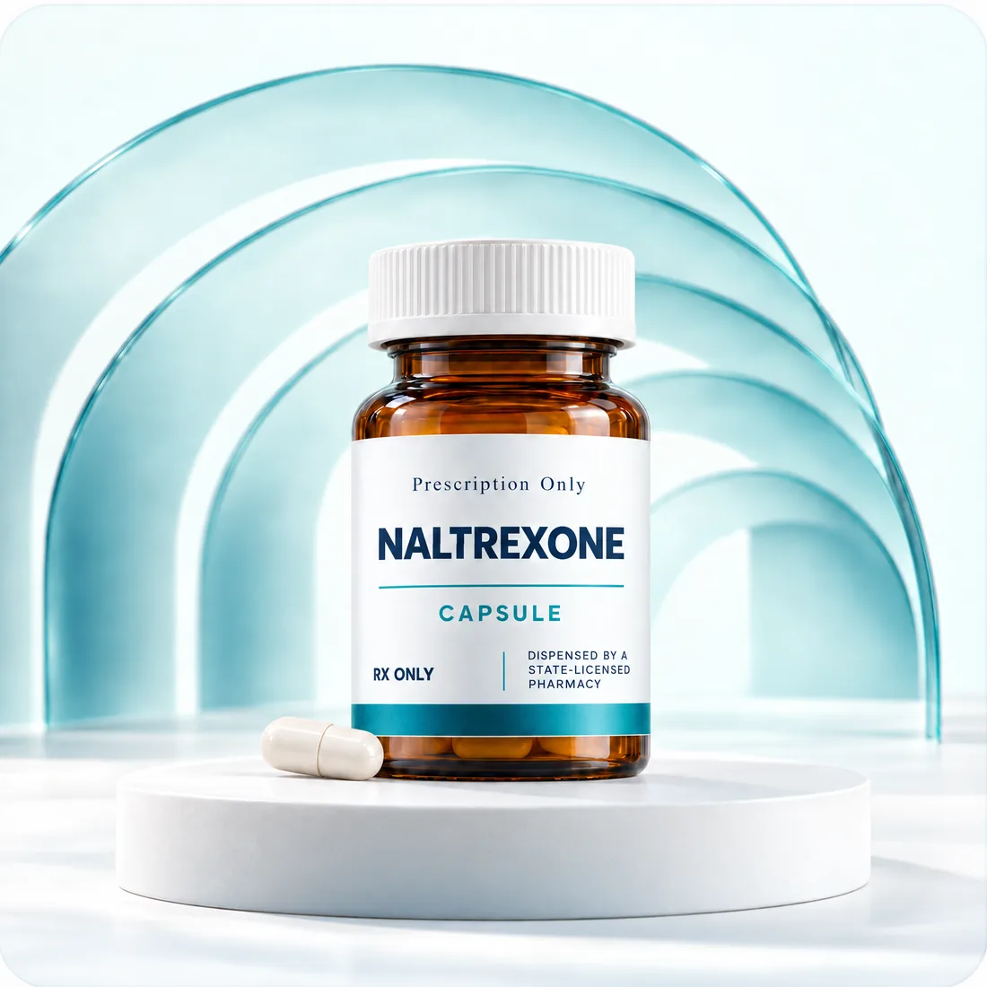 Amber Rx-only naltrexone capsule bottle, labeled as dispensed by a state-licensed pharmacy, on a white plinth before teal glass arches.