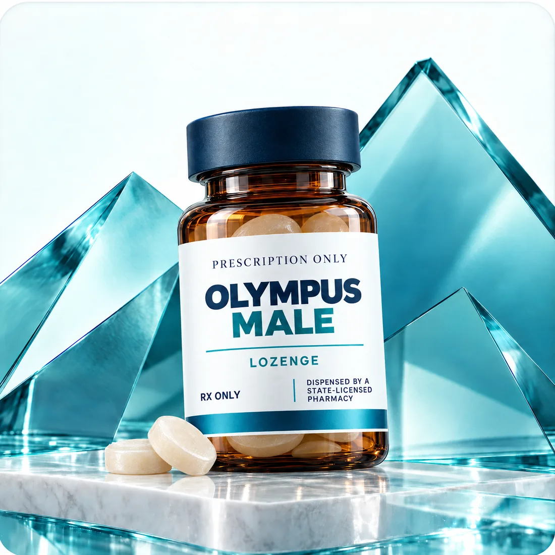 Amber Rx-only Olympus Male lozenge bottle, labeled as dispensed by a state-licensed pharmacy, with ivory lozenges before teal glass peaks.