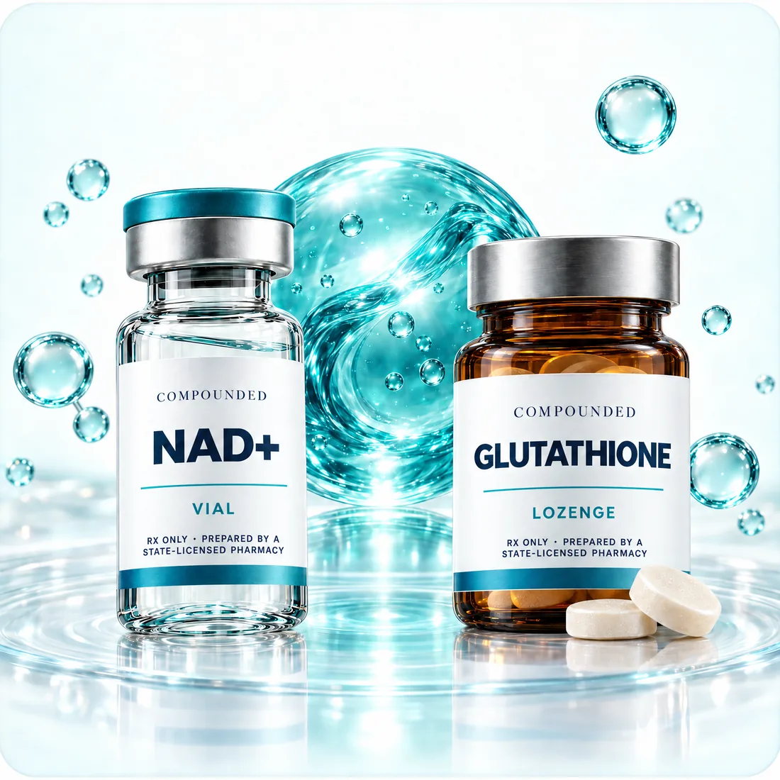 Clear Rx-only compounded NAD+ vial and amber compounded glutathione lozenge bottle, labeled as prepared by a state-licensed pharmacy, before a teal water sphere.