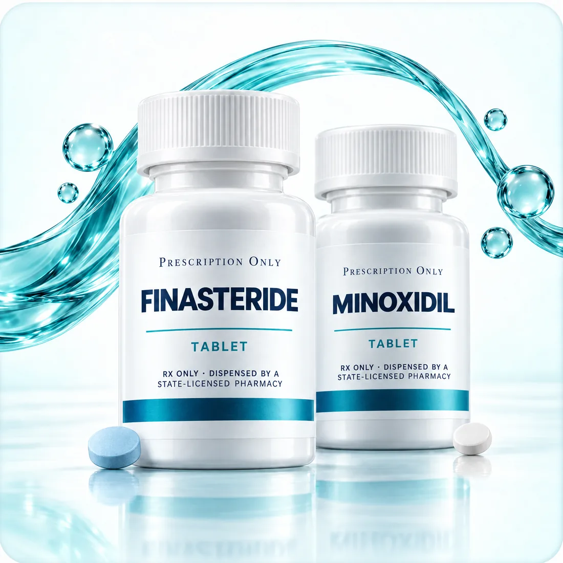White Rx-only finasteride and minoxidil tablet bottles, labeled as dispensed by a state-licensed pharmacy, with a blue and a white tablet under a teal ribbon.