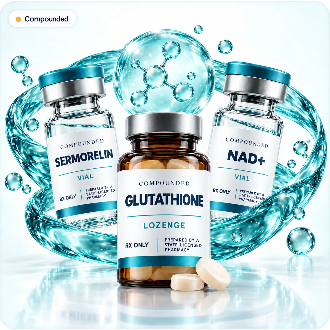 Compounded sermorelin and NAD+ vials and an amber glutathione lozenge bottle, labeled Rx only and prepared by a state-licensed pharmacy, in a teal glass swirl.