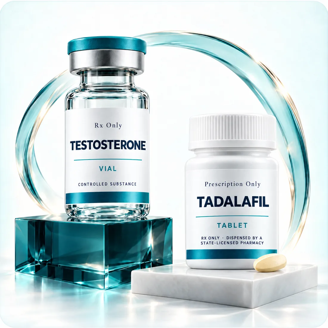 Clear Rx-only testosterone vial marked controlled substance on a teal glass block, beside a white Rx-only tadalafil tablet bottle on marble.