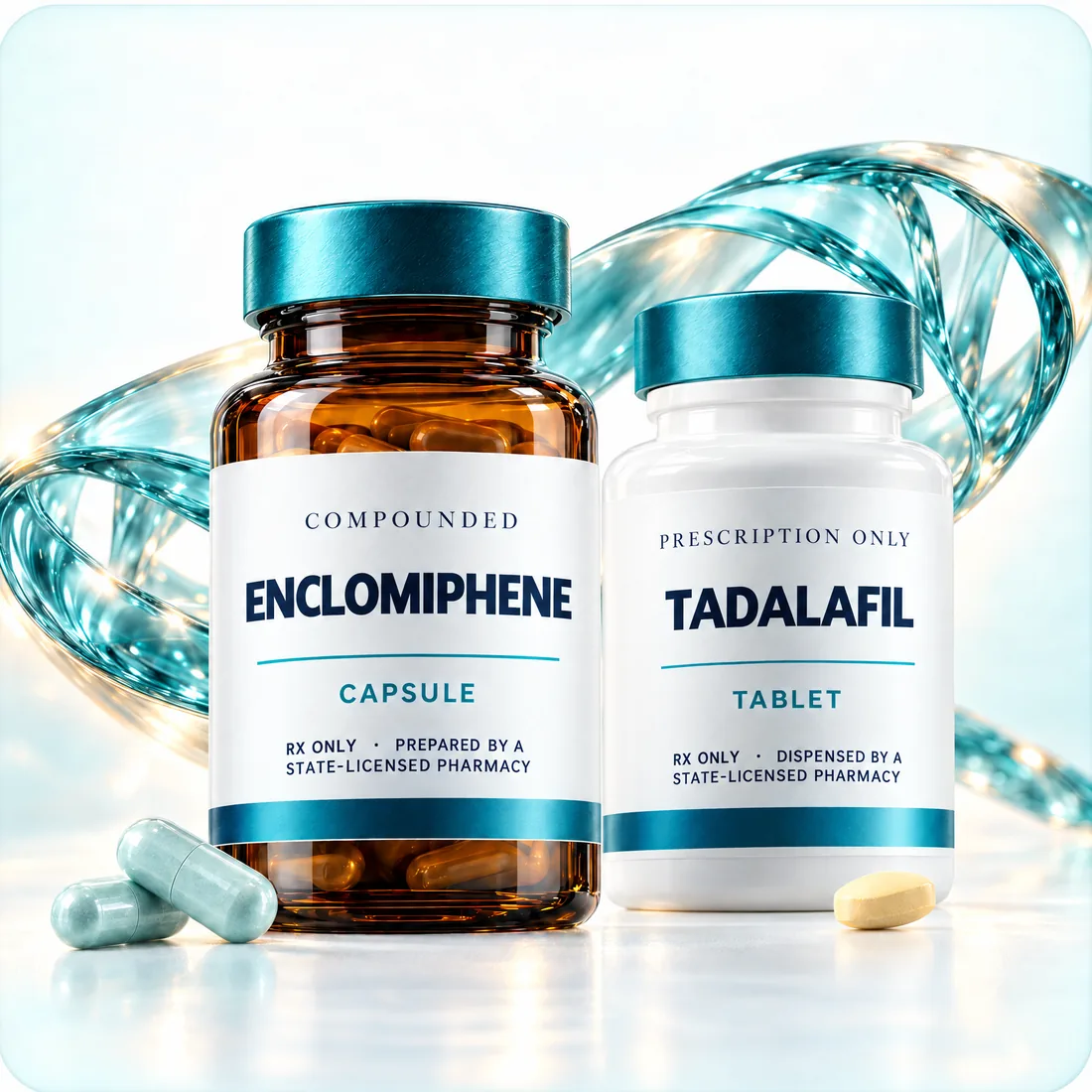 Amber Rx-only compounded enclomiphene capsule bottle and white Rx-only tadalafil tablet bottle, labeled by a state-licensed pharmacy, before a teal glass helix.