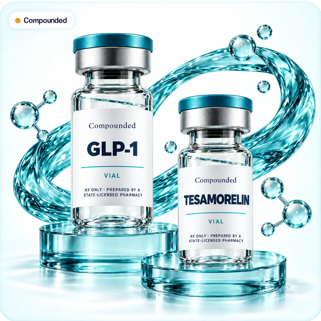 Clear Rx-only compounded GLP-1 and tesamorelin vials, labeled as prepared by a state-licensed pharmacy, on teal glass discs in a teal water swirl.
