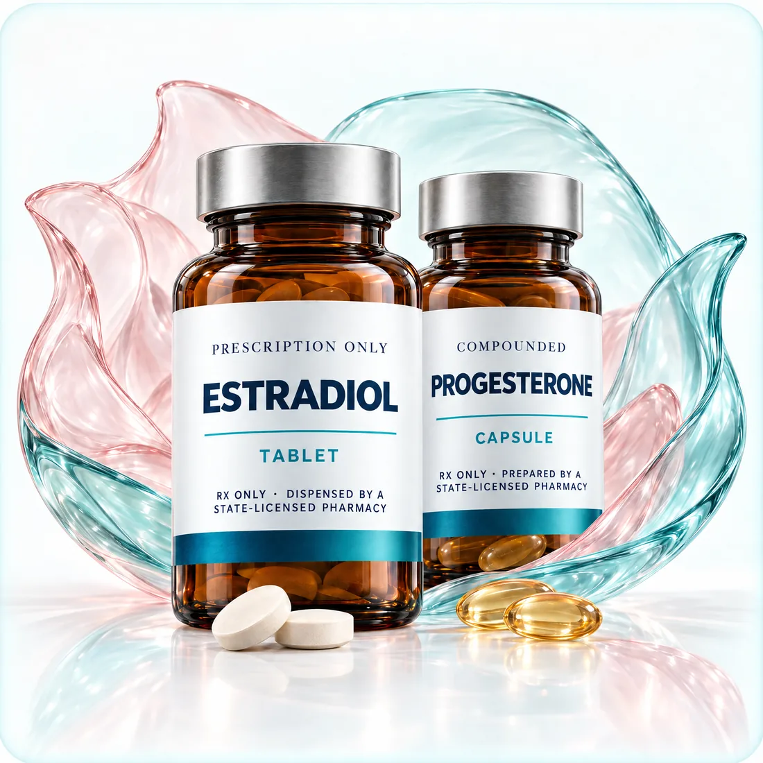 Amber Rx-only estradiol tablet bottle and compounded progesterone capsule bottle, labeled by a state-licensed pharmacy, with blush and teal glass petals.