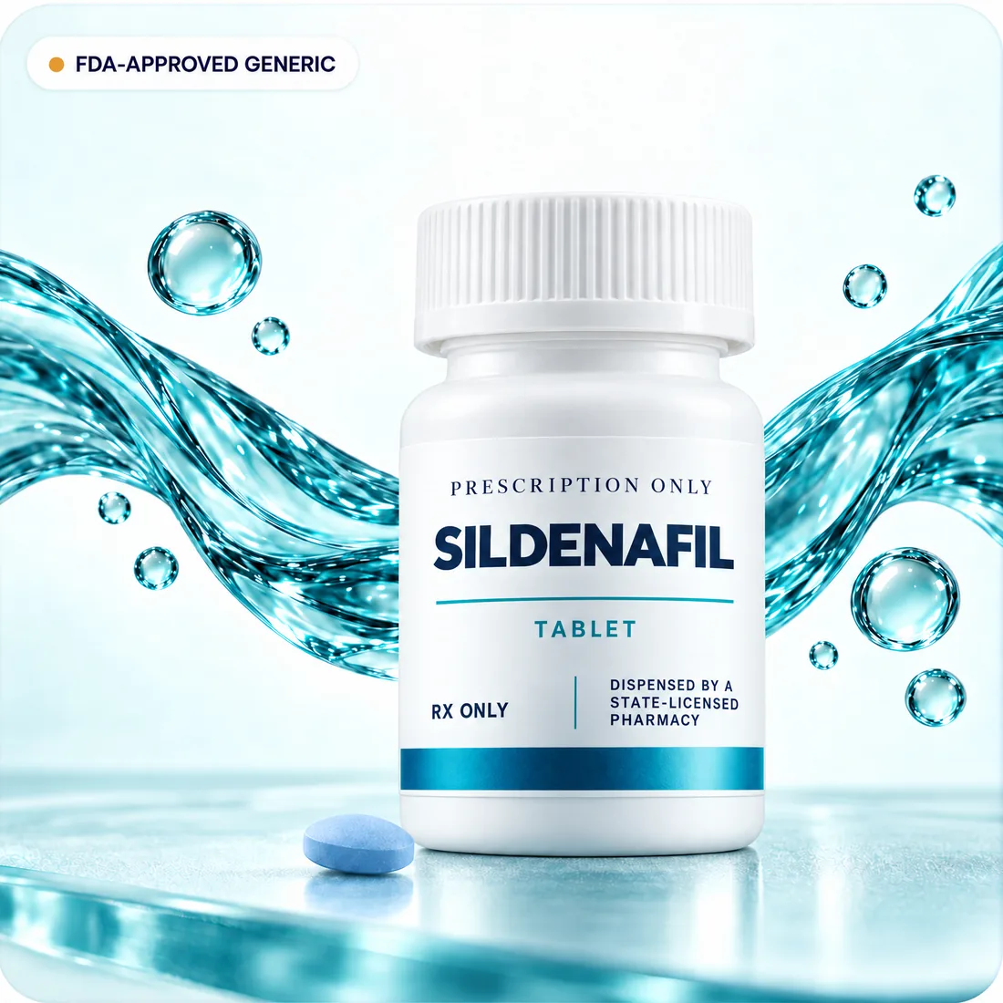 White Rx-only sildenafil tablet bottle, labeled as dispensed by a state-licensed pharmacy, with a blue tablet and teal glass waves.