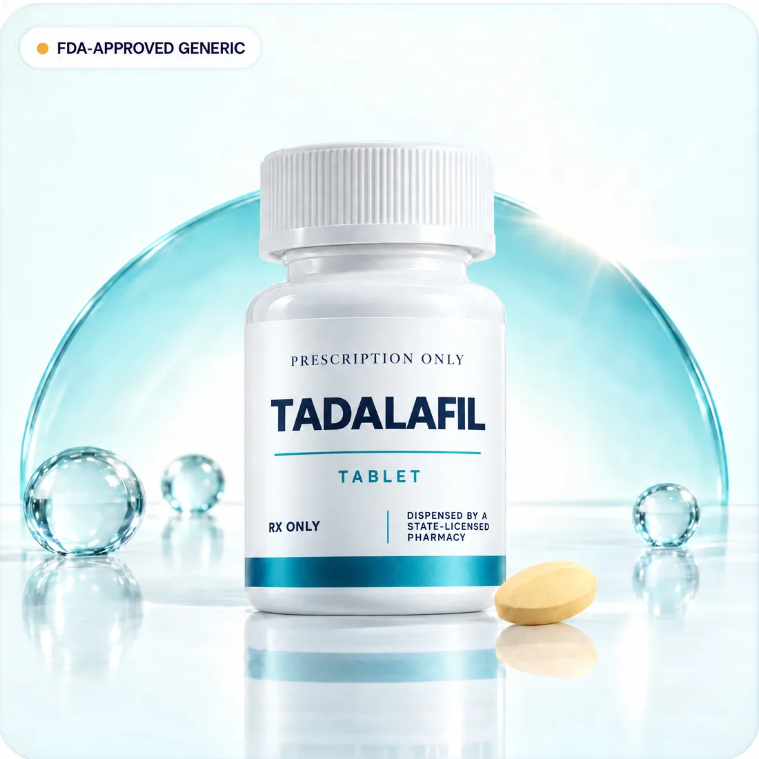 White Rx-only tadalafil tablet bottle, labeled as dispensed by a state-licensed pharmacy, with a pale-yellow tablet and a teal glass arc.