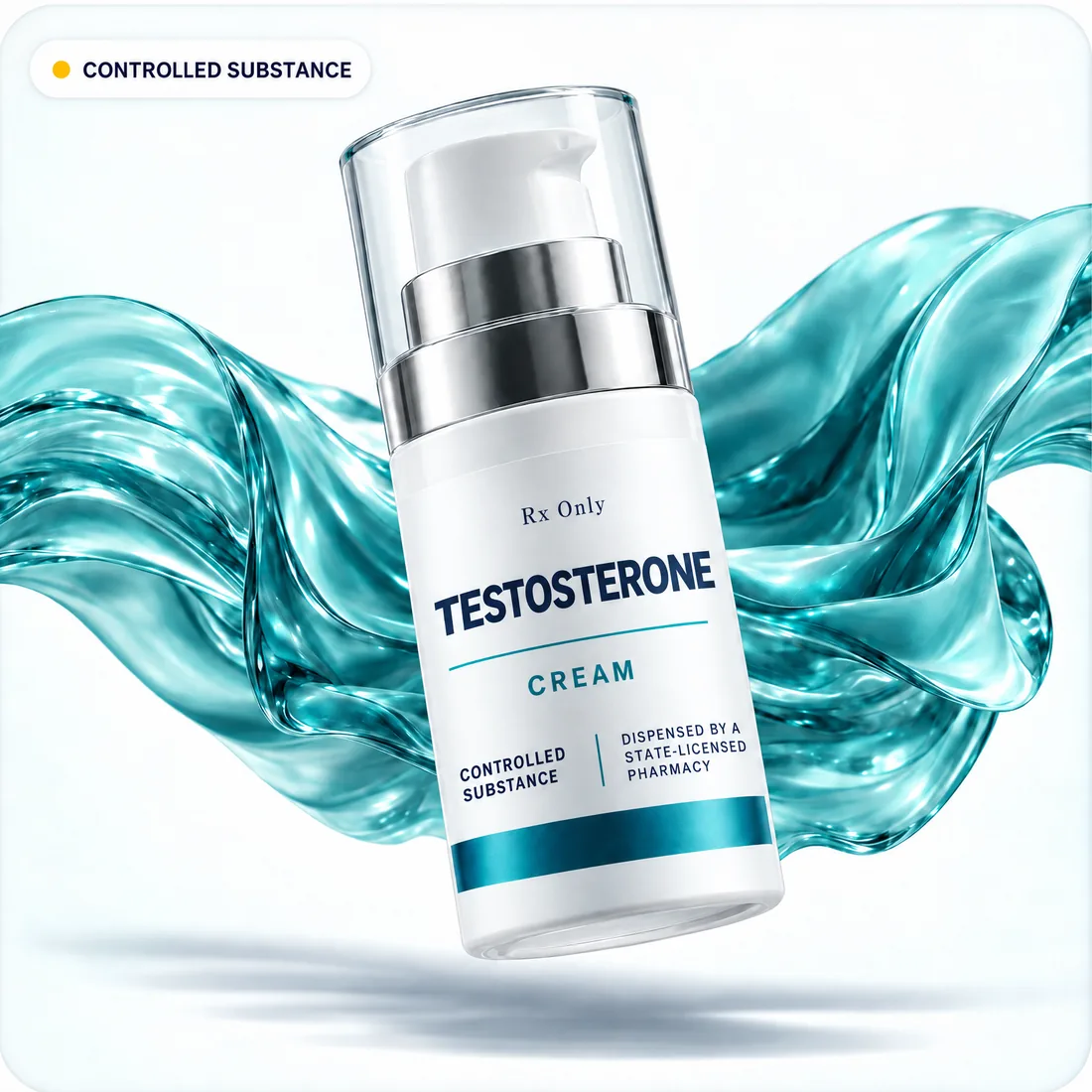 Testosterone cream pump bottle marked controlled substance, labeled as dispensed by a state-licensed pharmacy, with a sculptural teal wave.