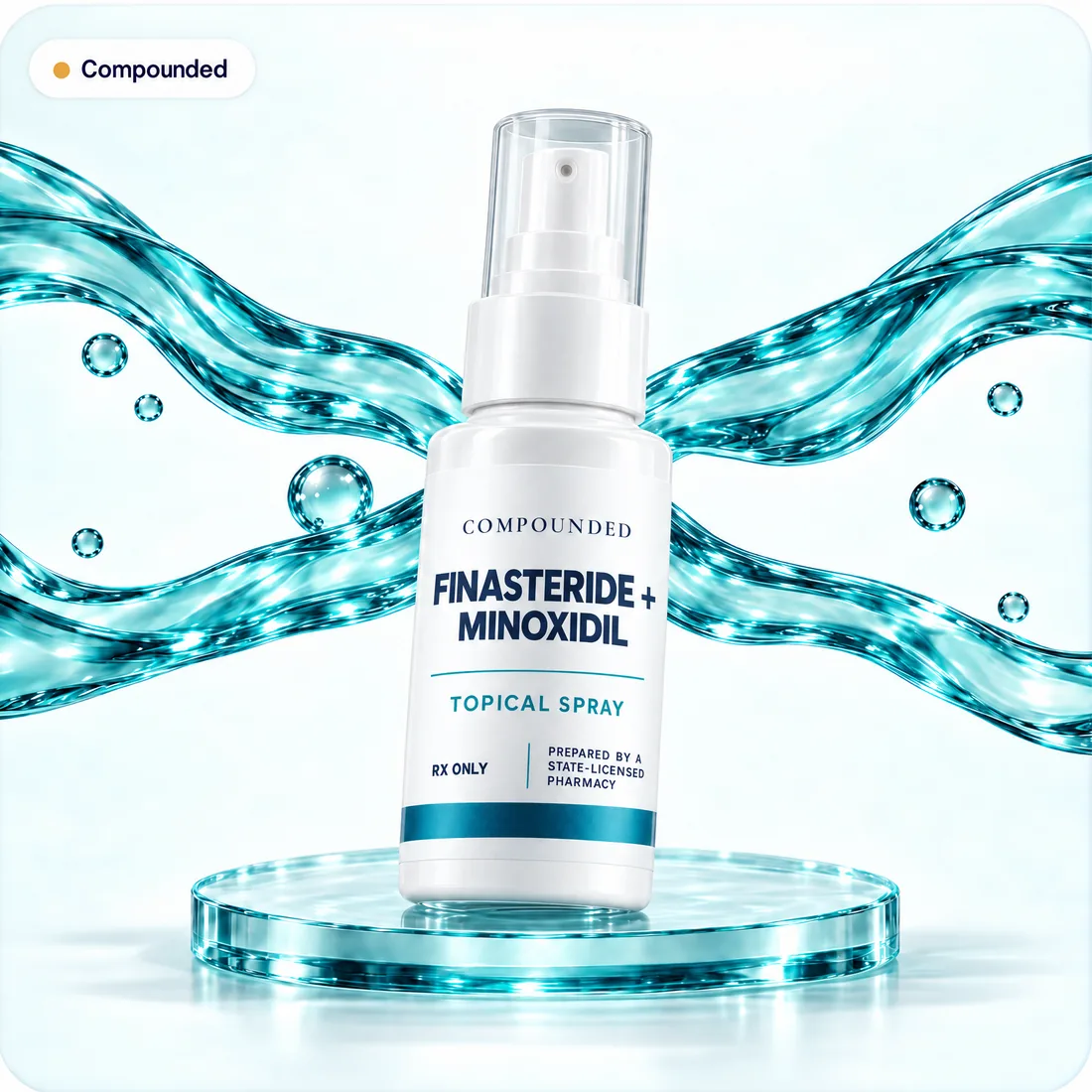 Rx-only compounded finasteride and minoxidil topical spray bottle, labeled as prepared by a state-licensed pharmacy, on a teal glass platform.